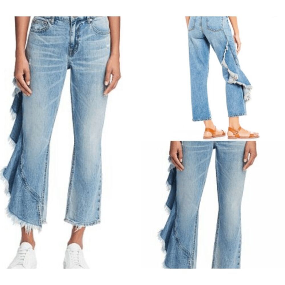 Chelsea & Violet Side Ruffle Boot Cut Cropped Jeans Medium Wash Cotton Size 25